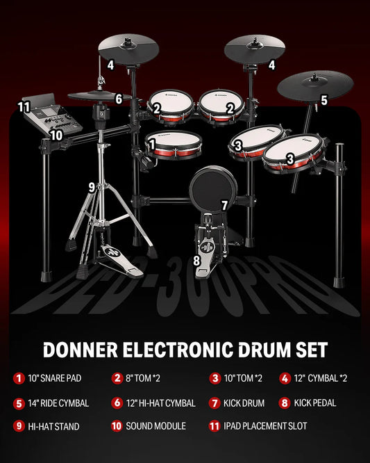 Donner DED-300 Pro Electronic Drum Kit (Mesh Heads with Independent Hi-Hat Stand)