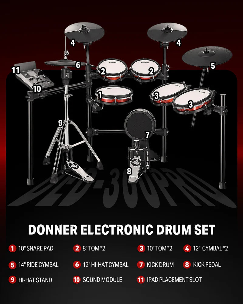 Donner DED-300 Pro Electronic Drum Kit (Mesh Heads with Independent Hi-Hat Stand)