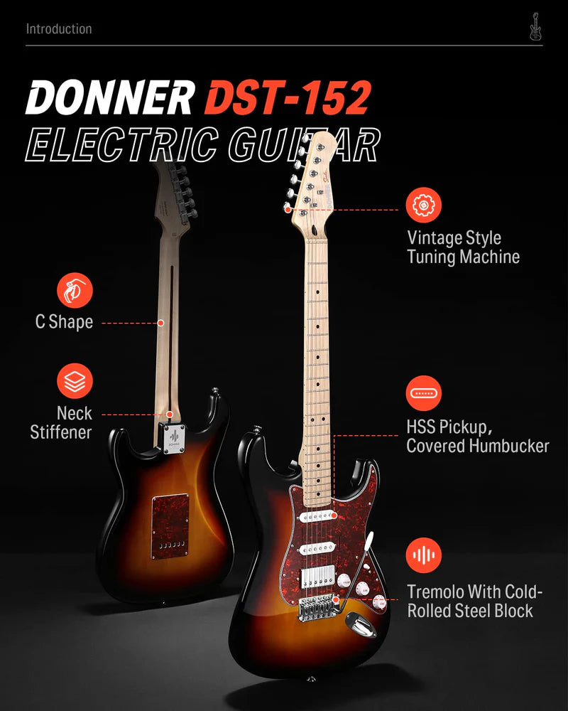 Donner DST-152 ST Electric Guitar Bundle (Includes Mini Amp & Accessories)